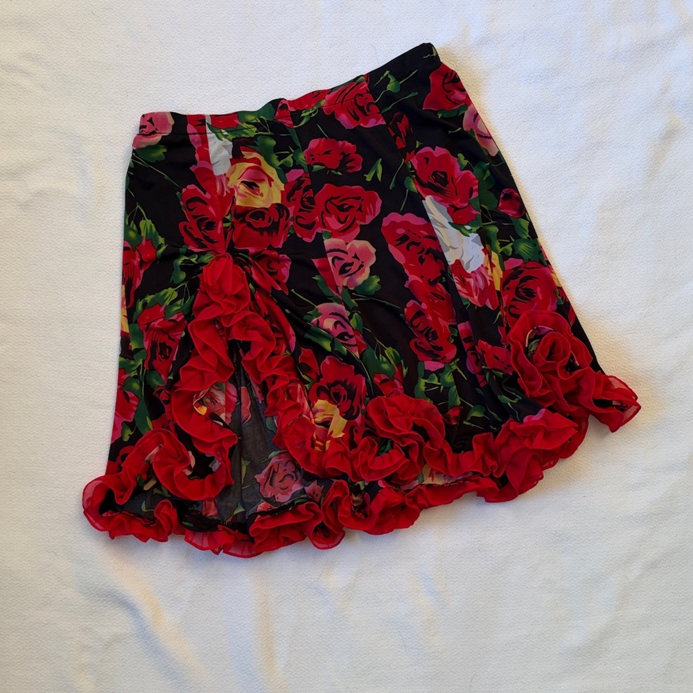 Vintage Floral Ruffle Hem Skirt - Red Rose Print Size medium-large